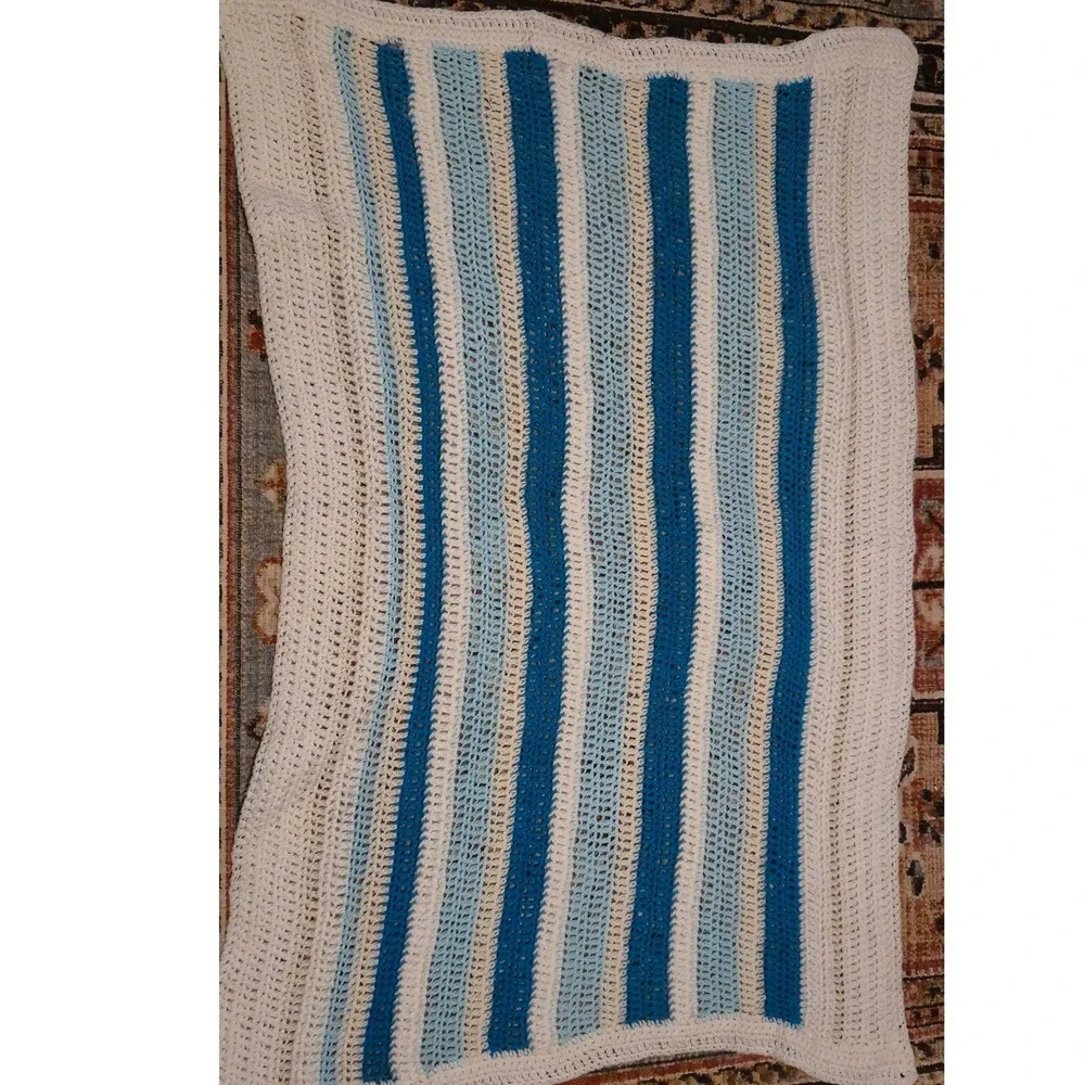 Vintage Handmade Crochet Throw Blanket Blue White Striped Afghan 49x32 Baby Lap